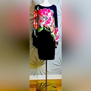 Marc Bouwer SZ S black/pink/red/green floral print dress, fully lined, bust 36”